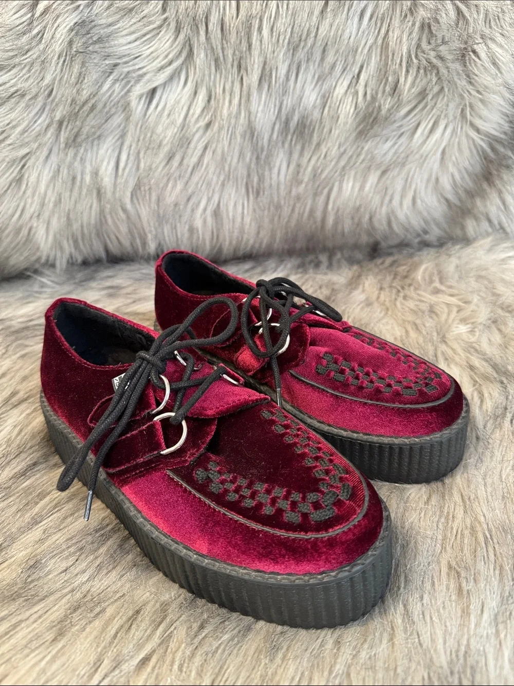 T.U.K Burgundy Velvet Platform Creepers with Black Sole Size 7 W